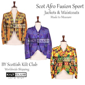 Op de afbeelding: Drie jassen en vesten met kleurrijke, Afrikaans geïnspireerde patronen. De kledingstukken worden op paspoppen gepresenteerd. De tekst op de afbeelding luidt "Scot Afro Fusion Sport Jackets & Waistcoats Made to Measure" en "KILT CLUB".