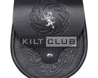 Distintivo del leone scozzese tradizionale in pelle nera Day Sporran - Sporran di qualità premium con cinturino a catena - Kilt Sporran