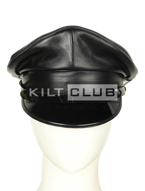 Black Leather Muir Hat - Leather Police Cap - Biker Peaked Gay