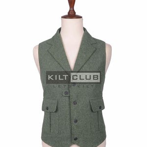 Lovat Green Wool Tweed Waistcoat - Herringbone 4 Buttons Fashion Vest - 100% Wool - Kilt Waistcoat Custom Made Wedding Vest