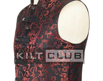 Red Brocade Waistcoat – Handmade Victorian Steampunk Vest - Gothic Vintage Party Waistcoat - Regal Red Brocade Waistcoat for Men - Kilt Vest