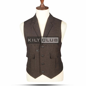 Chaleco de tweed de lana marrón - Chaleco de moda de espiga con 4 botones - 100 % lana - Chaleco de kilt hecho a medida para boda