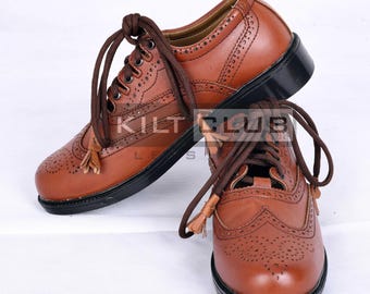 Men's Handmade Real Brown Leather Scottish Kilt Ghillie Brogues Shoes - Handcrafted Premium Brown Leather Boots for Men for Highland Dress