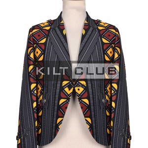 May include: A black blazer with a vibrant geometric pattern in yellow and maroon. The jacket features a notched lapel, two buttons, and the text "KILT CLUB". The blazer is displayed on a mannequin.