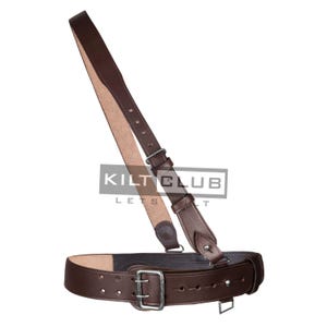 Sam Browne Brown Leather Belt with Crossover Shoulder Strap - British Military Belts - with Silver Accessories - Made To Order