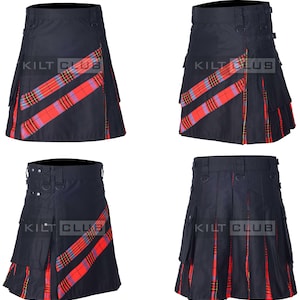 Black Cotton & Tartan Hybrid Utility Kilt - Scottish Hybrid Kilt for Men - Premium Handmade Kilt - 70 Tartan Choices - Highlander Cargo Kilt