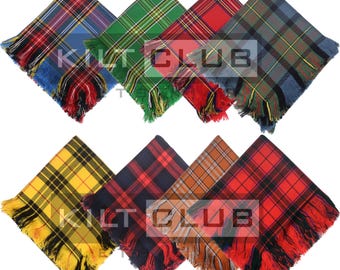 May include: A collection of eight tartan scarves in various colors, including blue, green, red, and yellow. Each scarf features a fringed edge and a classic plaid pattern. The image includes the text "KILT CLUB".