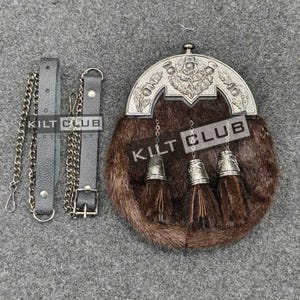 Scottish Handmade Leather Full Dress KILT SPORRAN Brown Fur and Nickle Brushed Thistle Pattern Cantle and Tassels Free Belt and Chain Strap
