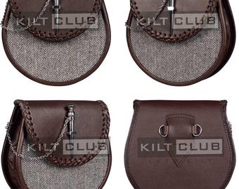Fatto a mano di alta qualità - SPORRAN KILT scozzese - Pelle marrone e tessuto tweed a spina di pesce grigio - Cintura Sporran gratuita - Sporran per kilt in vera pelle