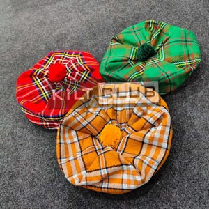 Mens Scottish Traditional Tam o&#39; Shanter Hat - Tartan Tam Hat Matching Pom Pom - Stretchable Scottish Tam Hat - Available in 60+ Tartan
