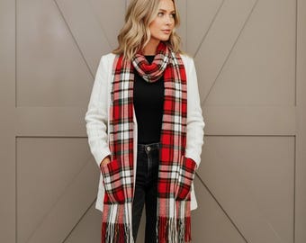 Scottish Tartan Pockets Scarf For Women - Size 180cm x 26cm - Premium Handmade Tartan Scarf - Available in 300 Tartan Colors