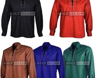 Scottish KILT SHIRT - 100% Cotton Jacobean Jacobite Ghillie Shirt - Highlander Kilt Shirt - Leather Laces Kilt Shirt - Made to Order