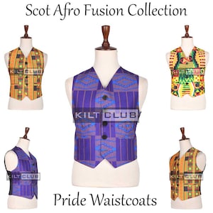 May include: A collection of Pride Waistcoats in various African-inspired patterns. The vests are displayed on mannequins, showcasing a range of colors including orange, green, yellow, and purple. The text "Scot Afro Fusion Collection" and "Pride Waistcoats" are visible.