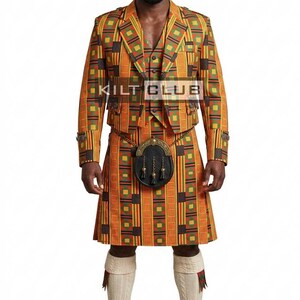 Giacca e gilet Argyll African Pride - con kilt abbinato da 8 iarde per uomo - Completo fusion scozzese-africano - Kilt di alta qualità fatto a mano
