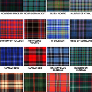 May include: A grid of various tartan patterns, each with a unique color scheme and name. The patterns include Morrison Modern, Morrison Ancient, Muir/Moore, Murray of Athol, Murray of Tulloch, Norwegian Knights, O'Sullivan, and Pride of Scotland.