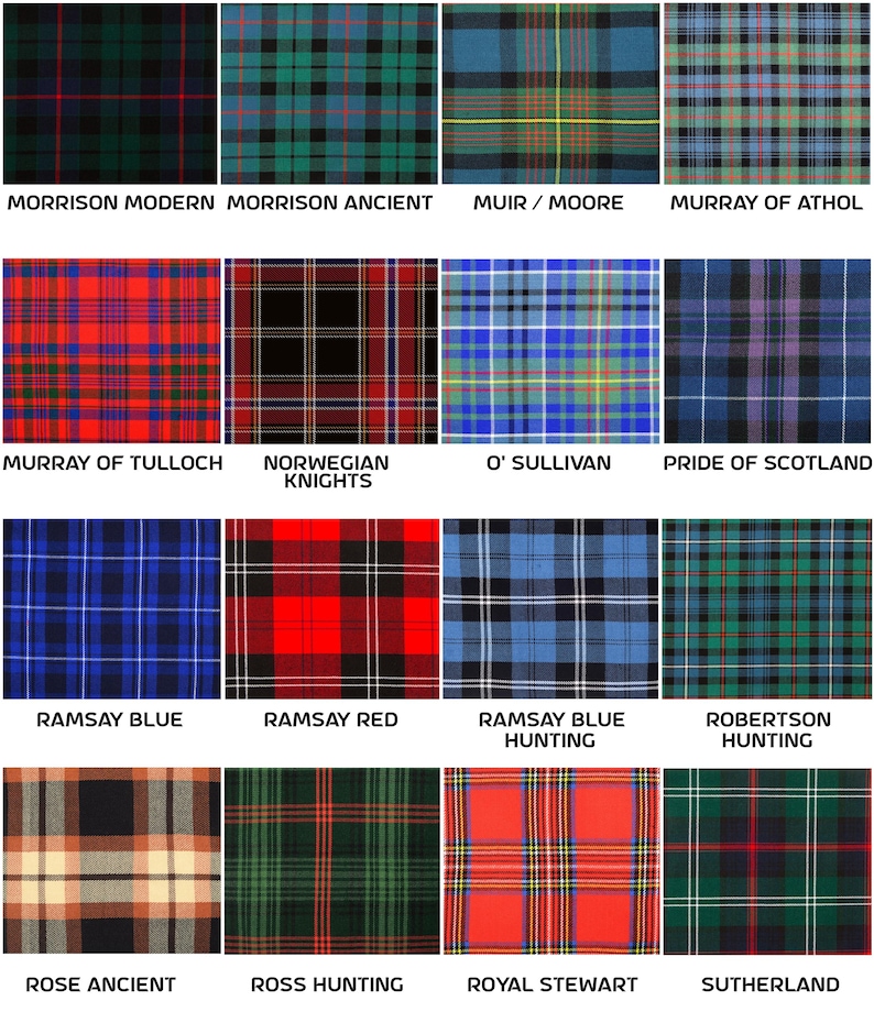 May include: A grid of various tartan patterns, each with a unique color scheme and name. The patterns include Morrison Modern, Morrison Ancient, Muir/Moore, Murray of Athol, Murray of Tulloch, Norwegian Knights, O'Sullivan, and Pride of Scotland.