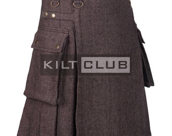 KILT Utility in lana tweed marrone scozzese - Kilt fatto a mano di alta qualità - Vera lana da 16 once - Kilt Highlander da uomo - Kilt cargo - Realizzato su ordinazione
