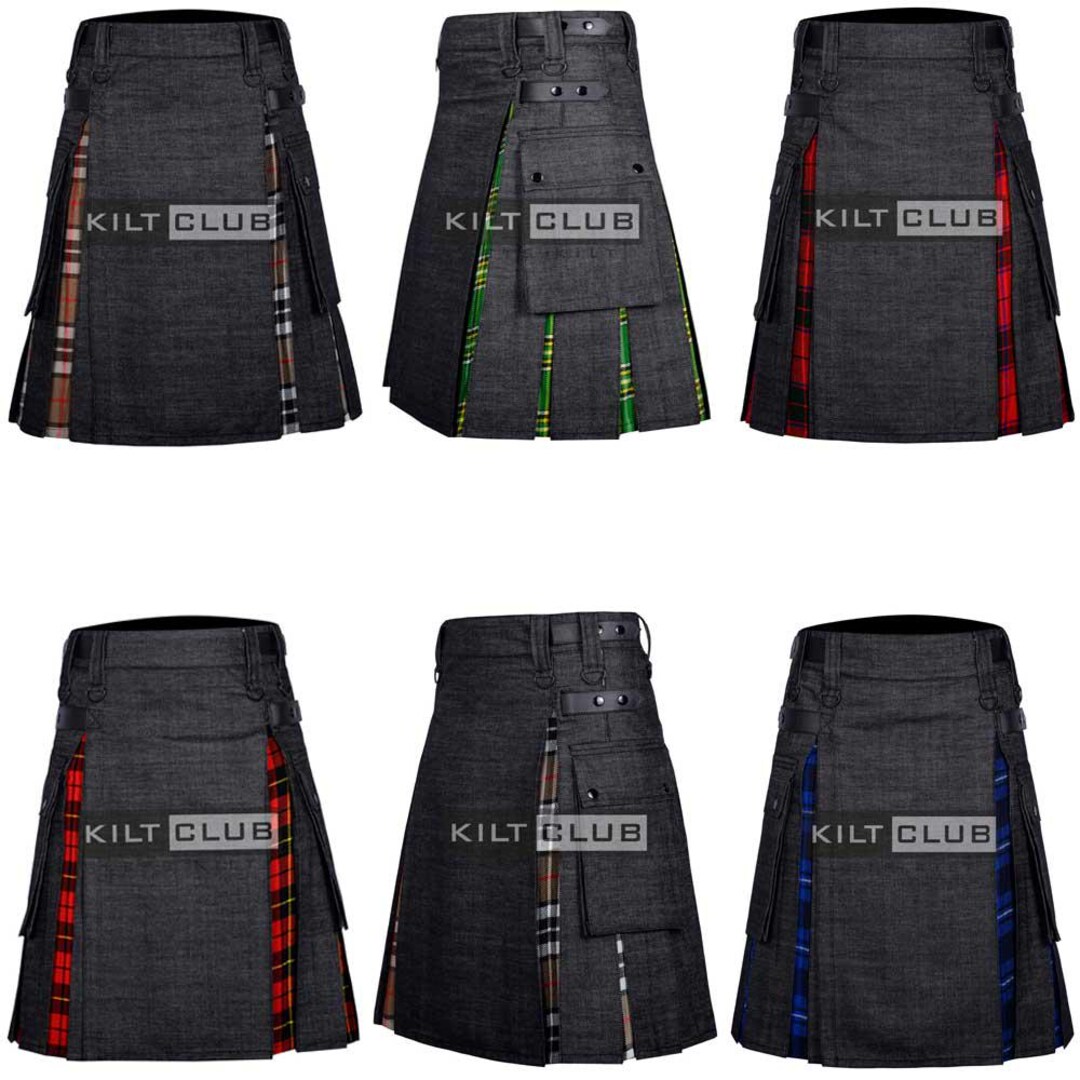 Sort Kalot Black Denim Utility Hybrid Kilt - Scottish Tartan Cargo Pockets KILT ...