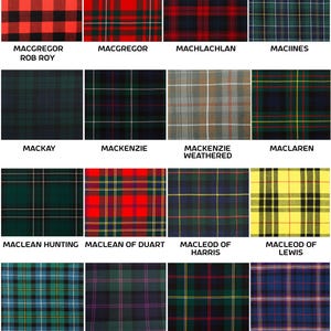 May include: A collection of tartan fabric swatches in various colors and patterns. Each swatch is labeled with a name, such as "MacGregor Rob Roy" and "MacKenzie." The tartans feature a variety of colors, including red, green, blue, and yellow.