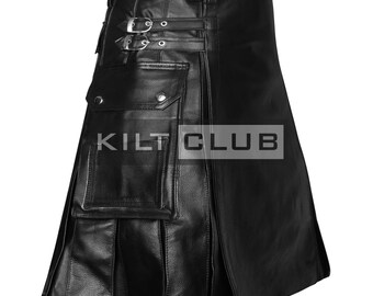 May include: Black leather kilt with two front pockets and silver buckles. The kilt has pleats and the text "KILT CLUB" is printed on the front.