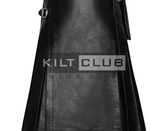 May include: Black leather kilt with silver buckles and a pleated design. The kilt features the text "KILT CLUB" in white. This traditional garment is suitable for various occasions.