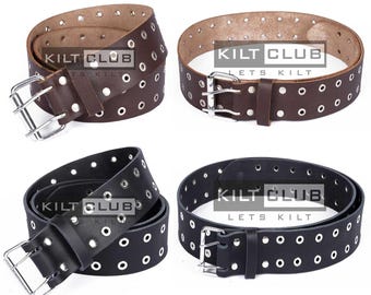 Brown / Black Leather KILT BELT - Real Leather 2 Inches Wide Kilt Belt - Brass Eyelets - Double Prong Buckle - Custom Size