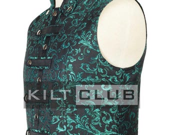 May include: A black and teal vest with a floral pattern. The vest has a mandarin collar, decorative straps, and metal buttons. The text "KILT CLUB" is visible on the vest.