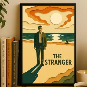 The Stranger Poster Printable Wall Art — Camus Existential Book Digital Download, Layered Paper Cut Inspired Decor