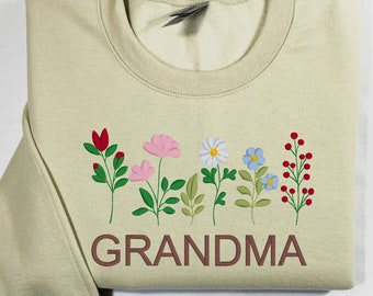 Custom Grandma Floral Embroidered Sweatshirt with optional Kids names or Pets names on sleeve, Gifts for Mom, Mom birthday. Personalized.