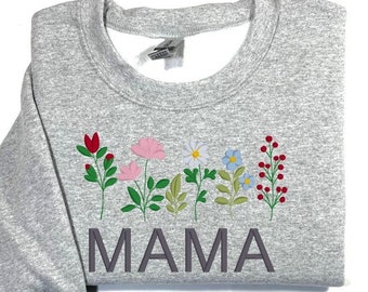 Custom MAMA Floral Embroidered Sweatshirt with Kids names or Pets names on sleeve, Gifts for Mom, Mom birthday. Personalized.