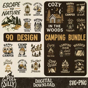 Peut inclure: Un ensemble graphique numérique à télécharger avec des motifs sur le thème du camping. Les motifs comprennent des illustrations de cabanes, de feux de camp, de tentes et du texte tel que "Escape to Nature", "Happy Camper" et "Stay Wild". Le lot comprend 90 motifs aux formats SVG et PNG.