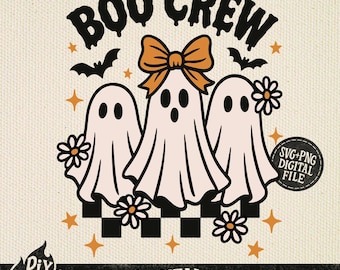 May include: A digital design featuring three cartoon ghosts with daisy accents, a bow, and the words "BOO CREW." The design includes bats, stars, and a checkered pattern. The image also includes the text "DIGITAL DOWNLOAD" and "SVG+PNG DIGITAL FILE."