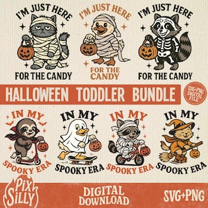 May include: Halloween toddler bundle featuring cartoon animals in costumes. Includes a cat, duck, and raccoon as mummies, a skeleton raccoon, a sloth, a ghost duck, a raccoon on a bike, and a cat on a broom. Text includes "I'm just here for the candy" and "In my spooky era."