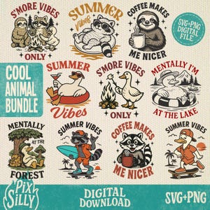 May include: A collection of whimsical digital designs featuring various animals enjoying summer activities. Designs include a sloth with coffee, raccoons, ducks, and the text "S'more Vibes", "Summer Vibes", and "Coffee Makes Me Nicer".