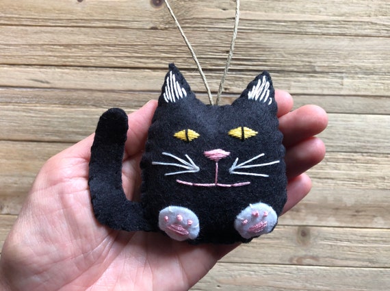 Personalized Black Cat Christmas Ornament, Black Felt Cat Ornament, Custom Cat Ornament, Black Kitty Cat Ornament