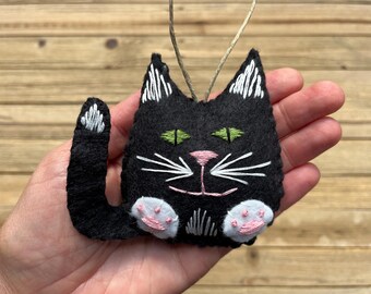 Personalized Black Cat Christmas Ornament, Black and White Felt Cat Ornament, Custom Cat Ornament, Black Tuxedo Cat Ornament