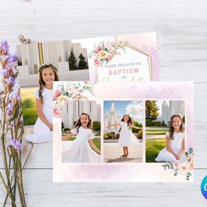 LDS Girls Taufeinladungsvorlage - Bearbeitbare Canva Invite - Zweiseitiges Design - Rosa druckbare Taufansage - Sofortiger Download