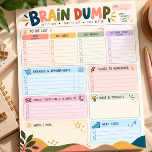 May include: A colorful Brain Dump planning notepad featuring sections for To Do List, Errands & Appointments, Things to Remember, Emails/Texts/Calls, Ideas & Thoughts, Notes/Misc, and Next Steps with checkboxes and icons on a white paper background.