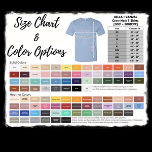 May include: A size chart and color options guide for Bella + Canvas crew neck t-shirts. The chart includes sizes XS to 5XL, with chest measurements in inches. Solid and heather color options are displayed, along with fabric composition details.