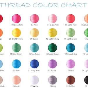 May include: A thread color chart with 30 color swatches, each labeled with a number and color name. Colors range from red and pink to green, blue, purple, and neutral tones like beige and gray. The text "THREAD COLOR CHART" is at the top.
