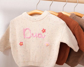 Custom Embroidered Baby Name Sweater: Handmade Knit Toddler Gift