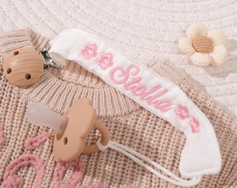 Attache-tétine avec nom brodé personnalisé, fermoir sécurisé pour vêtement, attache-suce personnalisé