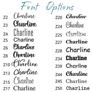 May include: A white background displays a variety of font options for the name "Charline." The text "Font Options" is written in a teal script at the top. Each font choice is labeled with a "Z" number.
