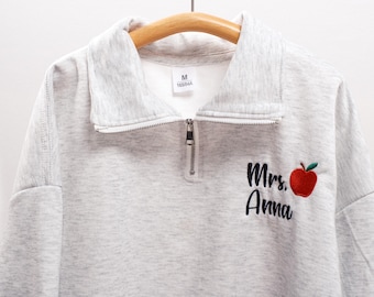 Personalized Teacher Quarter Zip Sweatshirt: Embroidered Apple Gift