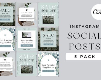 Eucalyptus Green 5 Social Media Post Templates Canva Editable