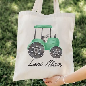 Personalized Kids Tractor Bag, Custom Kids Tote, Daycare Bag for Kids, Gift for Readers, Kids Name Tote Bag, Custom Kids Name Library Bag