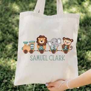Personalized Kids Animal Train Bag, Custom Kids Tote, Daycare Bag for Boy, Gift for Reader, Kids Name Tote Bag, Custom Boys Name Library Bag