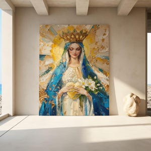 Crowned Virgin Mary with Golden Sacred Heart – Catholic Queen of Heaven Art  Digital Wall Print