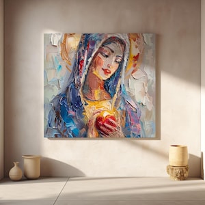 Immaculate Heart of Mary Wall Art – Catholic Impasto Digital Painting, Virgin Mary Oil Style Download, Textured Religious Home Decor