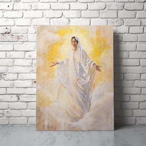 May include: A canvas print of a woman in a white robe with her arms outstretched. The artwork features a soft, ethereal style with a yellow and white color palette, and is set against a backdrop of clouds.